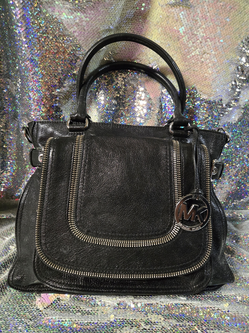 Michael Kors Black Leather Naomi Satchel with Silver-Tone MK Charm